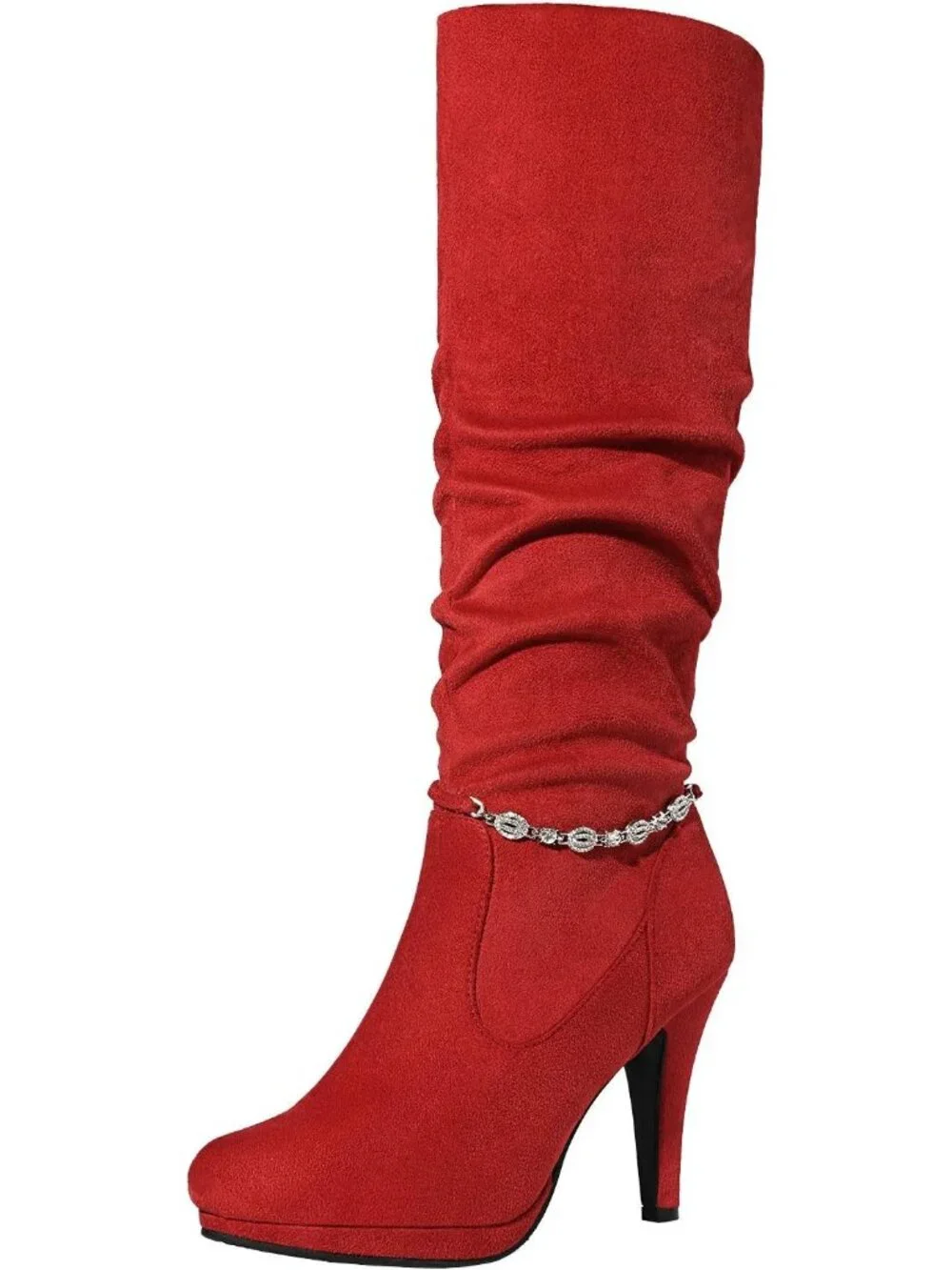 Women's Red Stiletto Heel Rhinestone Chain Side Zipper Knee High Boots